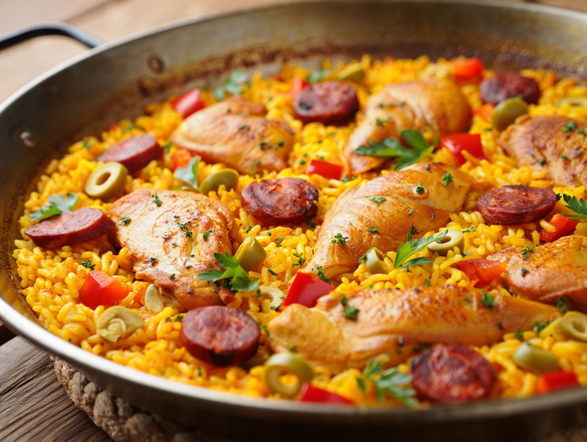 Receta de paella parrillera combina pollo chorizo y mariscos