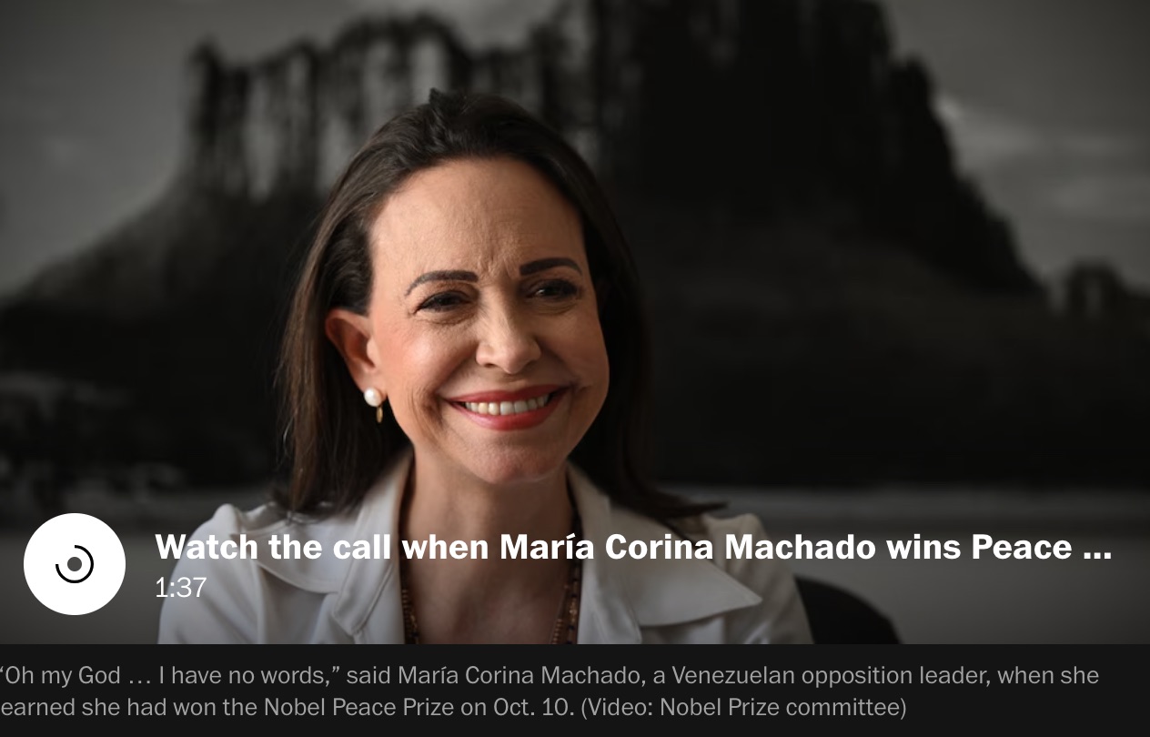 Maria Corina Machado recibe el Nobel por su defensa de la paz y la justicia